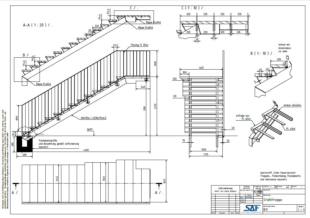 Technische Zeichnung einer Stahltreppe aus der CAD-Konstruktion